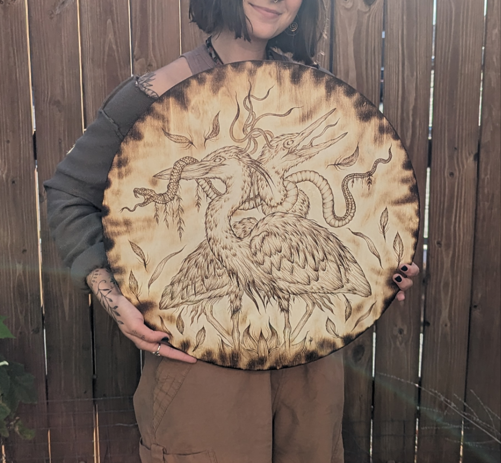 "Pulled Into Presence" Blue Heron Pyrography Original Artwork