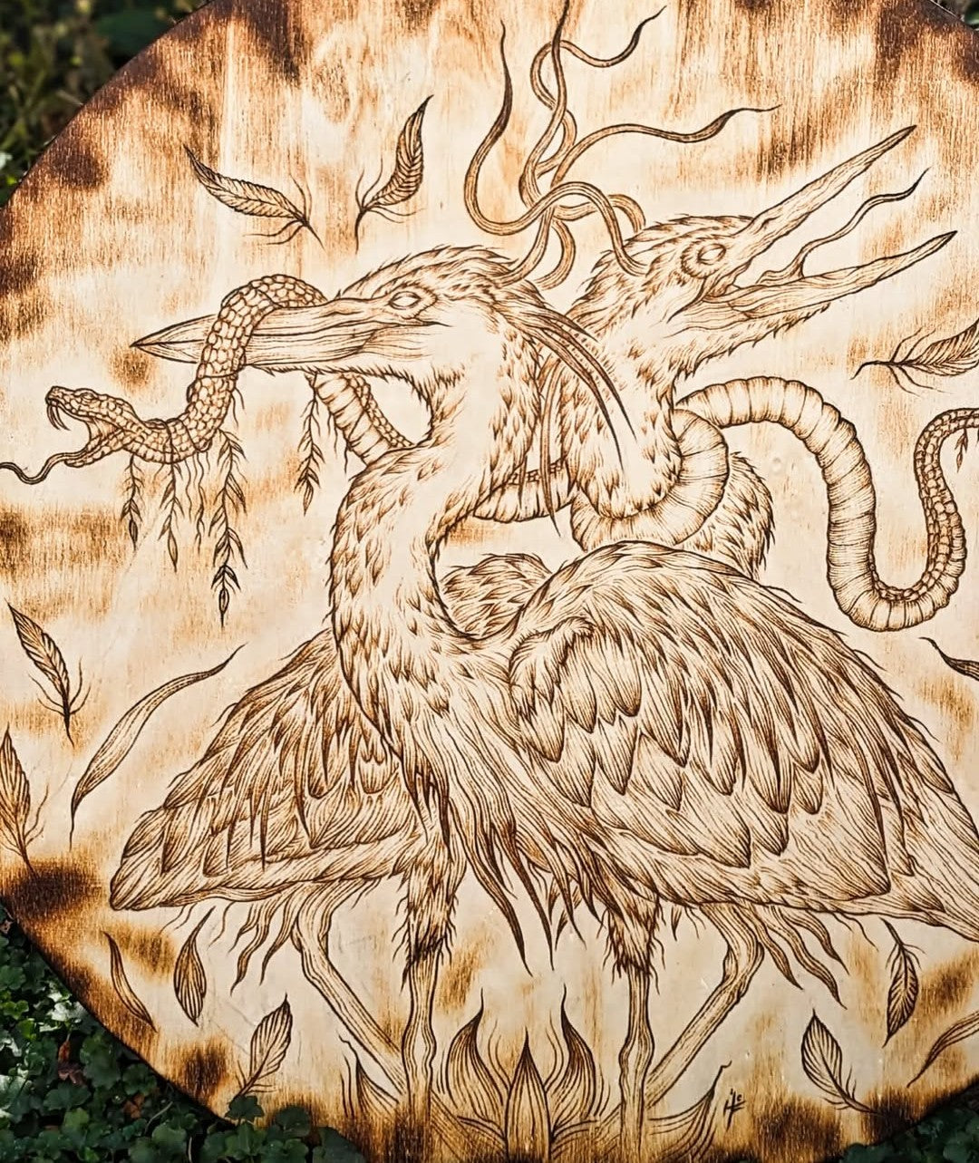 "Pulled Into Presence" Blue Heron Pyrography Original Artwork