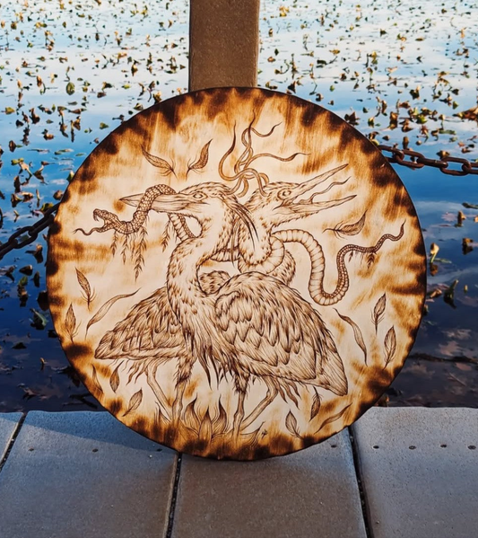 "Pulled Into Presence" Blue Heron Pyrography Original Artwork