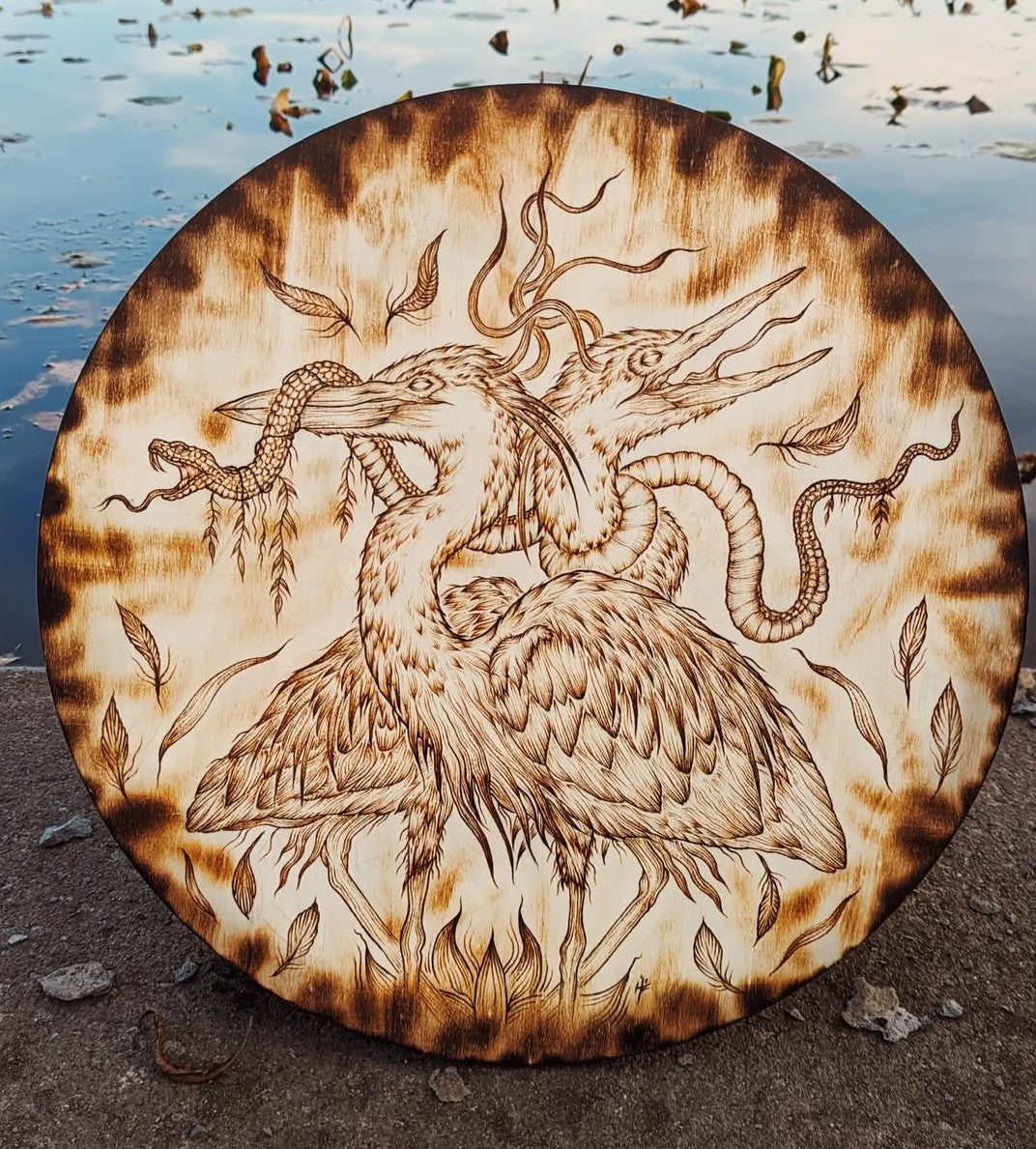 "Pulled Into Presence" Blue Heron Pyrography Original Artwork